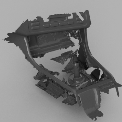 3D Scan Fahrzeug 3D-Modell eines Auto-Innenraums, teilweise zerlegt, mit Schalthebel und Armaturen.